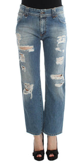 John Galliano Blue Wash Cotton Boyfriend Fit Cropped Jeans -   -  John Galliano.